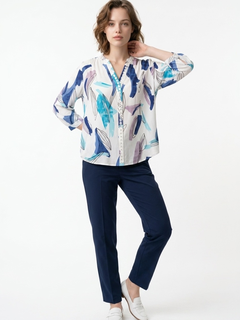 Chico's Multi-Color Pleated Top with Abstract Stripe Detail #158